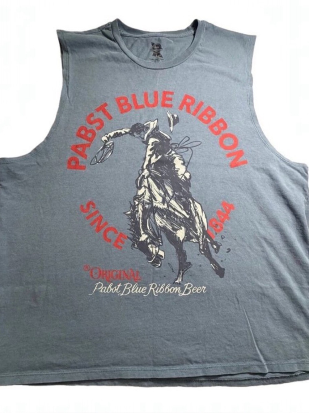 Pabst Blue Ribbon Tank Top Mens L Dusty Blue Sleeveless Cowboy Bronco Graphic Te